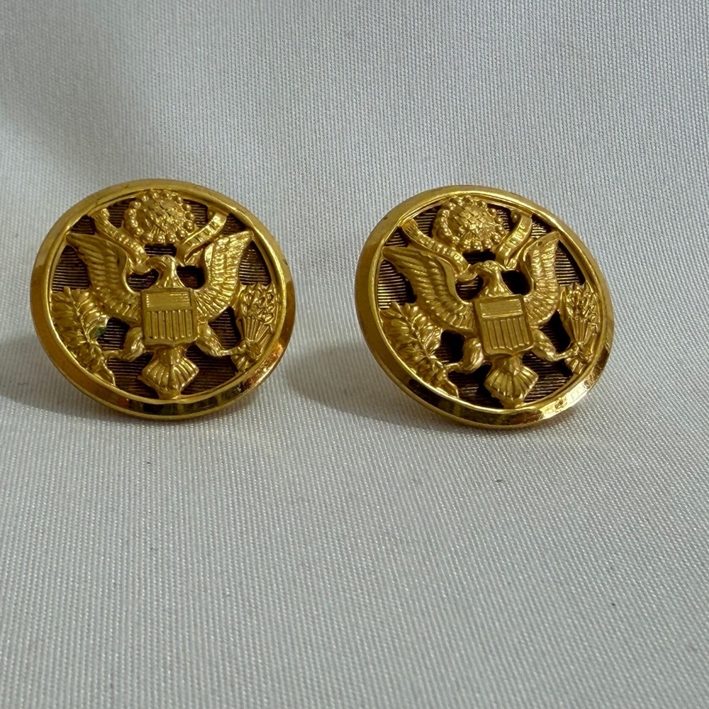 Vtg WWII US Army Great Seal Officers Uniform Buttons Pair Waterbury Conn Brass